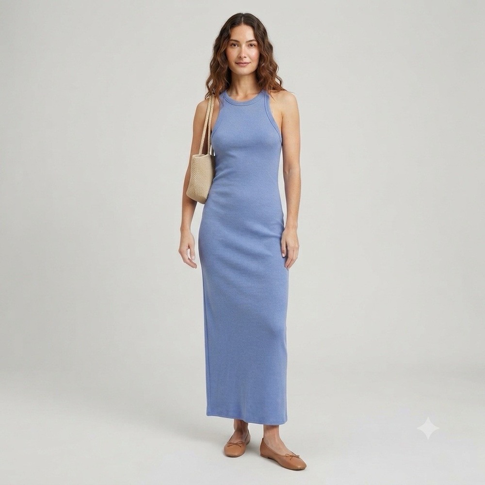 Blue Ribbed Knit Maxi  Sleeveless Racerback Long Bodycon Dress‎ Size L A7-065